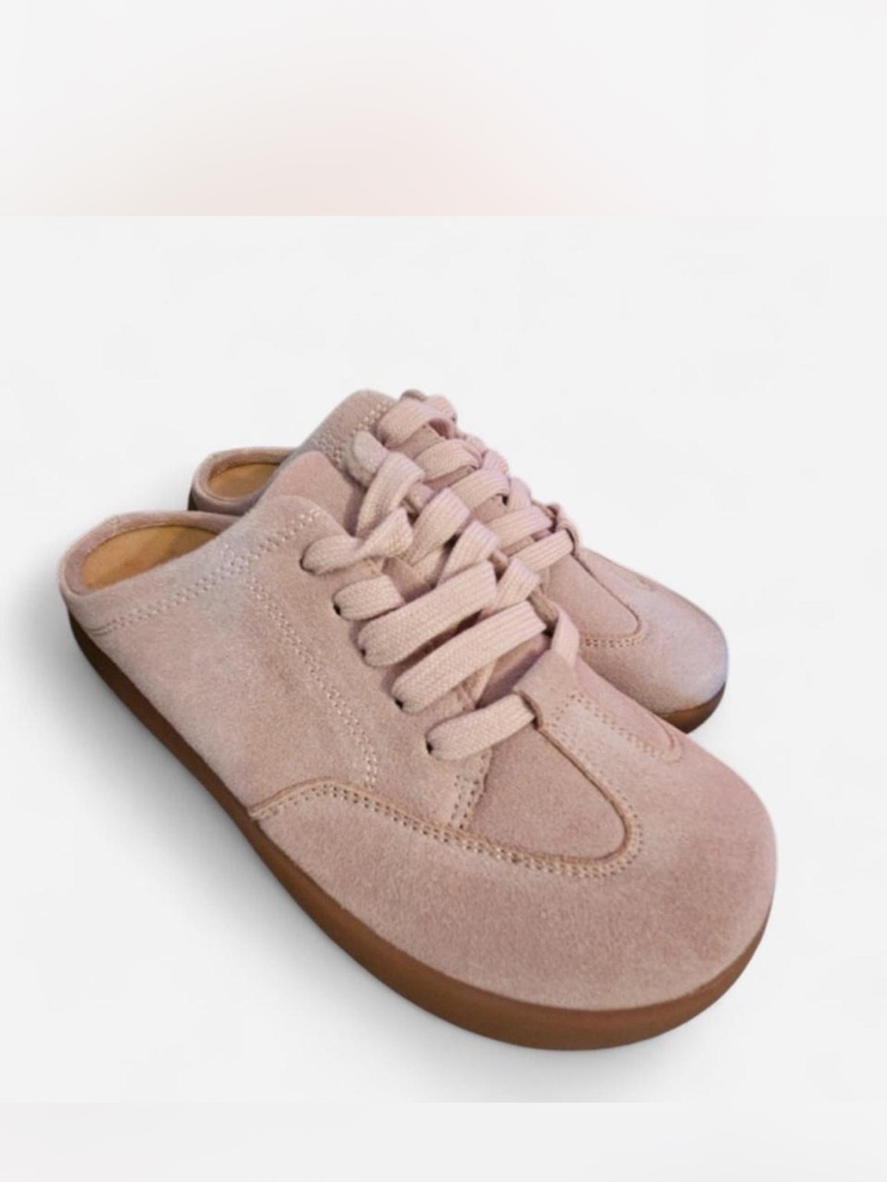 Suede Slip-On Lace Mule in Blush Pink